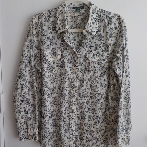 Lauren Ralph Lauren Tops - Ralph Lauren Blouse - Cotton -  Long Sleeve - Black White  Large- Vintage  (544)